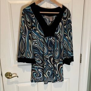 Kim Rogers Abstract Swirl V-Neck Tunic in Teal, Blue, Black & Cream